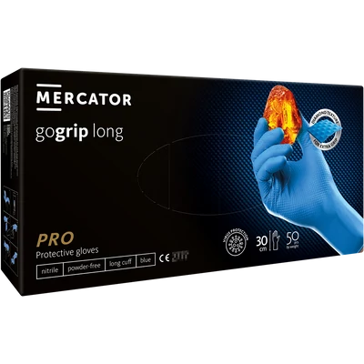 Mercator® Gogrip blue long kék gyémánttexturált púdermentes nitril kesztyű hosszú mandzsettával Mercator® Gogrip blue long kék gyémánttexturált púdermentes nitril kesztyű hosszú mandzsettával