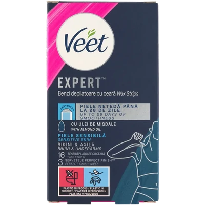 Veet Expert hideggyanta szalag bikinivonalra és hónaljra érzékeny bőrre 16 db + 3 törlőkendő Veet Expert hideggyanta szalag bikinivonalra és hónaljra érzékeny bőrre 16 db + 3 törlőkendő
