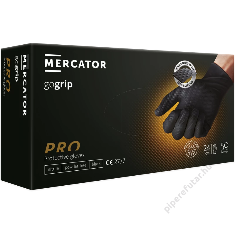 Mercator Gogrip black fekete gyémánttexturált vastag púdermentes nitril kesztyű 50 db