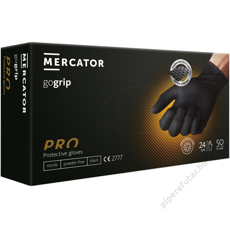 Mercator Gogrip black fekete gyémánttexturált vastag púdermentes nitril kesztyű 50 db
