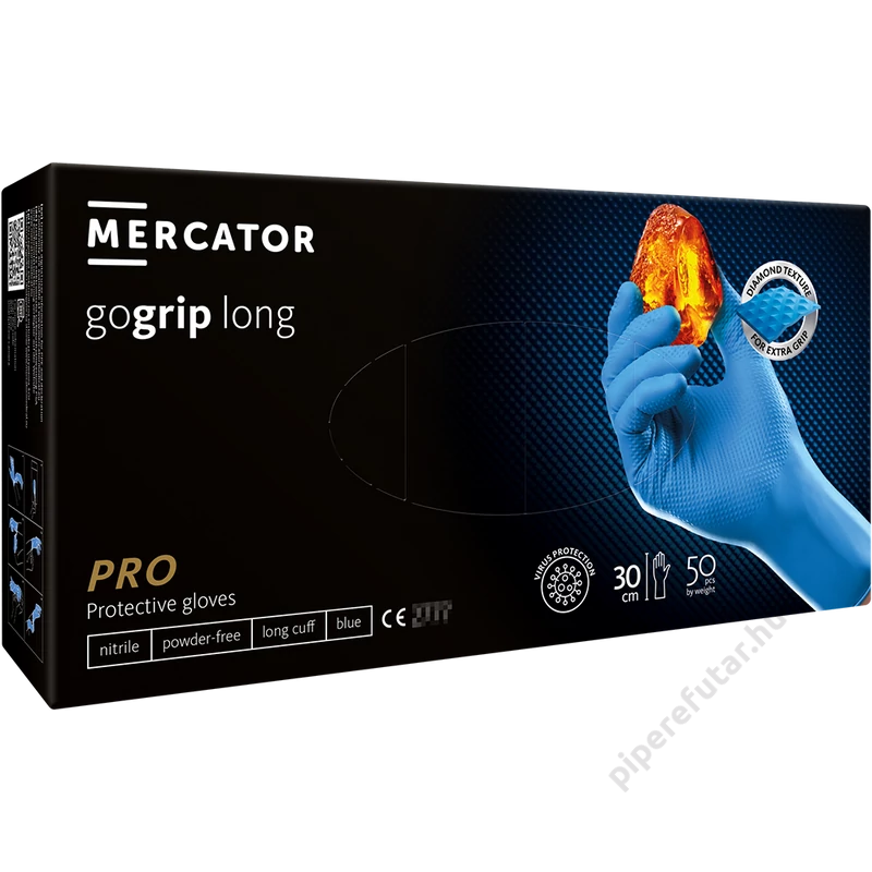 Mercator® Gogrip blue long kék gyémánttexturált púdermentes nitril kesztyű hosszú mandzsettával